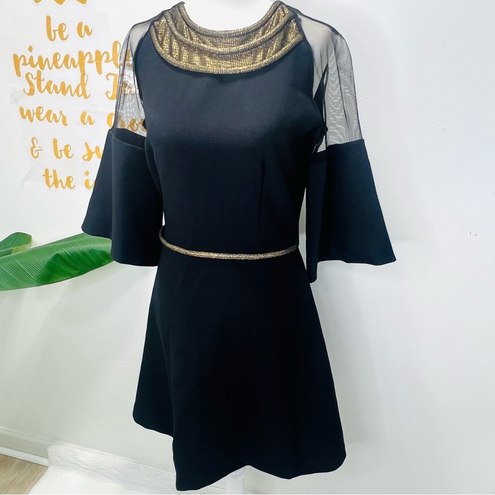 GENEVIE Black Mini Dress Gold & Sheer Bell Sleeve Dress NWT Size Small Medium - Picture 4 of 14